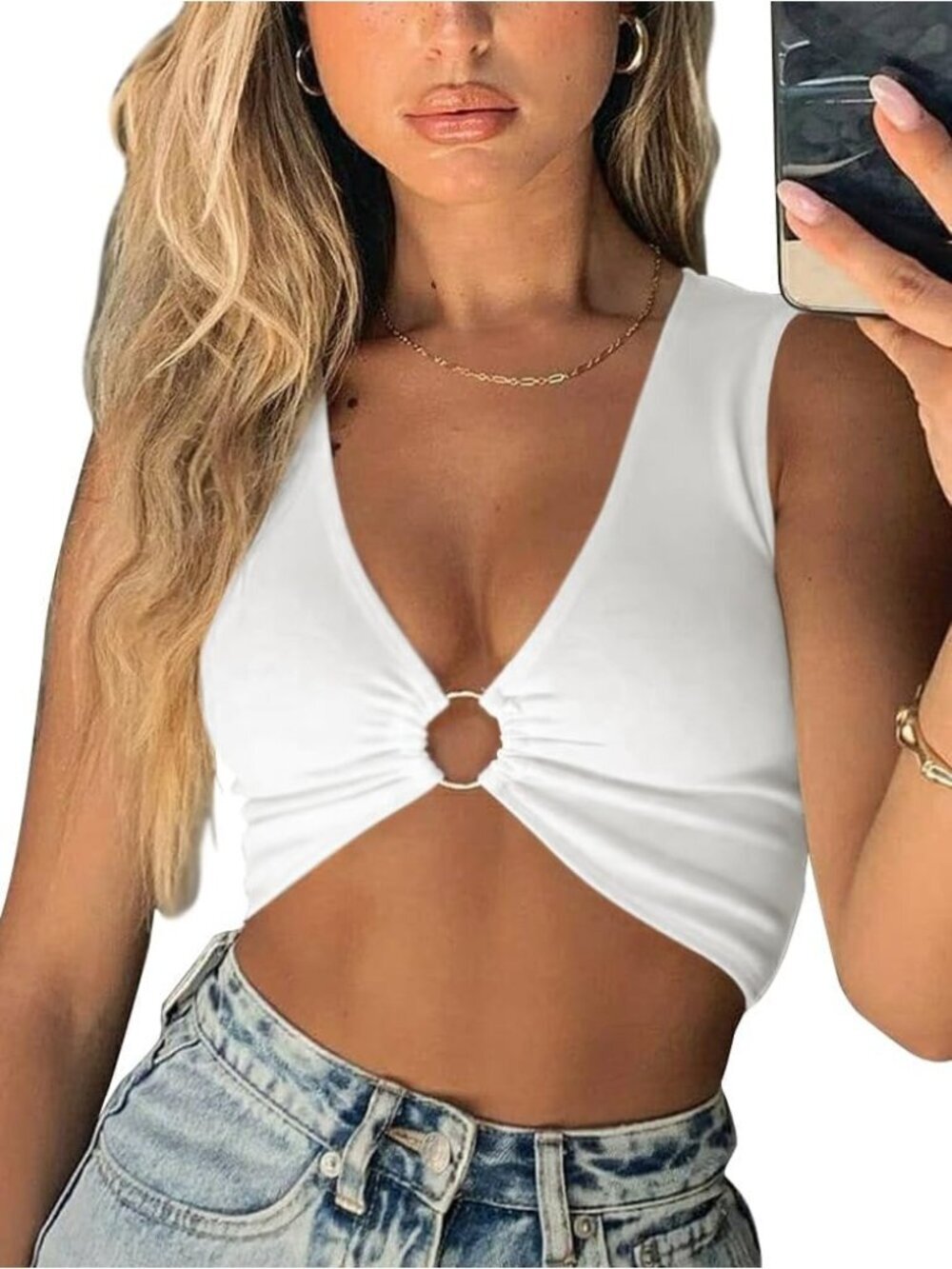 Women White Crop Top Deep V Neck Plunge Ring Workout Tank Sleeveless Ribbed Club